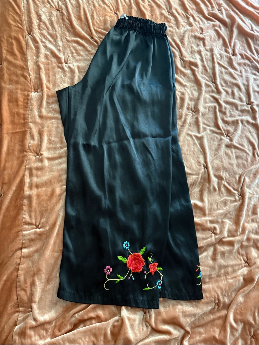 Black Satin Pants Wide Leg Floral Embroidered Hem Lounge